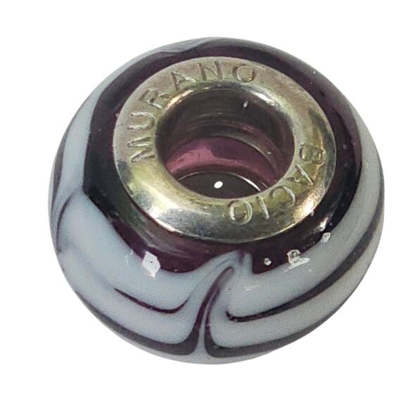 Bacio Murano Glass Sterling Silver 925 Burgundy White Marble Bracelet Charm Bead - Picture 2 of 3